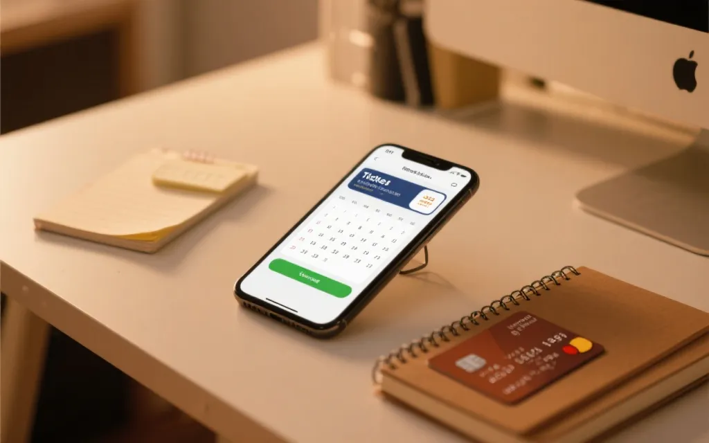 手机端购票界面与日历计划、信用卡和笔记本，呈现理性购票准备过程