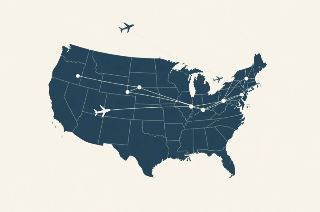 A conceptual illustration of a North American map showing flight connection lines between major cities, with a minimalist and clean layout